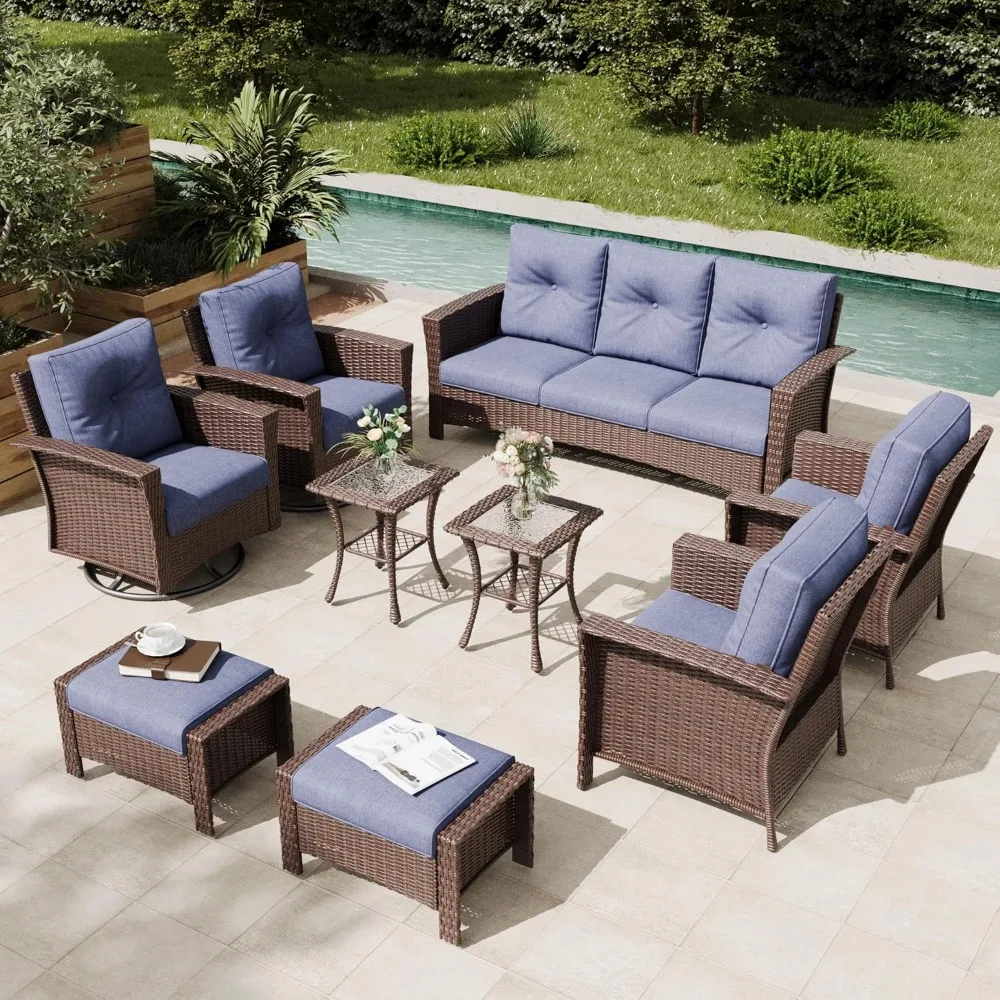 

9 Pieces Outdoor Patio Furniture Set Wicker Patio Sectional Set Conversation Wicker Swivel Chairs with Small Side Table