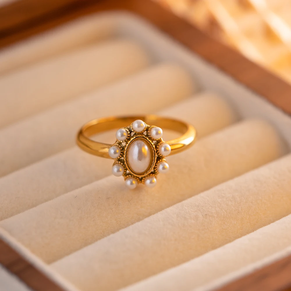 Uworld Sunflower White Pearl Inlaid Ring 18K Gold Plated Color Stainless Steel Waterproof Elegant Jewelry Valentine\'s Day Gift