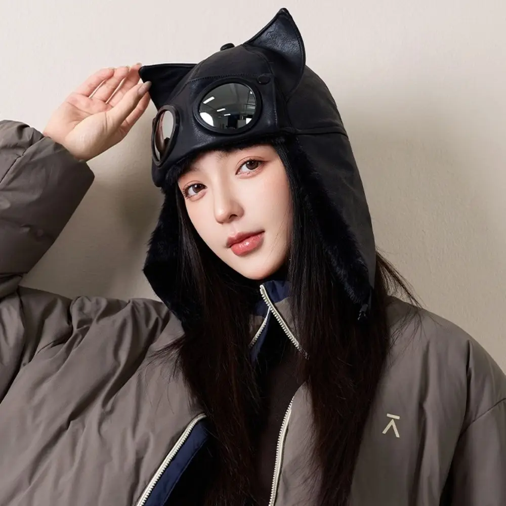 Earflap Cat Ear Trapper Hat Head Circumference 56-58cm With Goggles Fleece Lined Winter Hat Ear Protection Thick Warm Hat