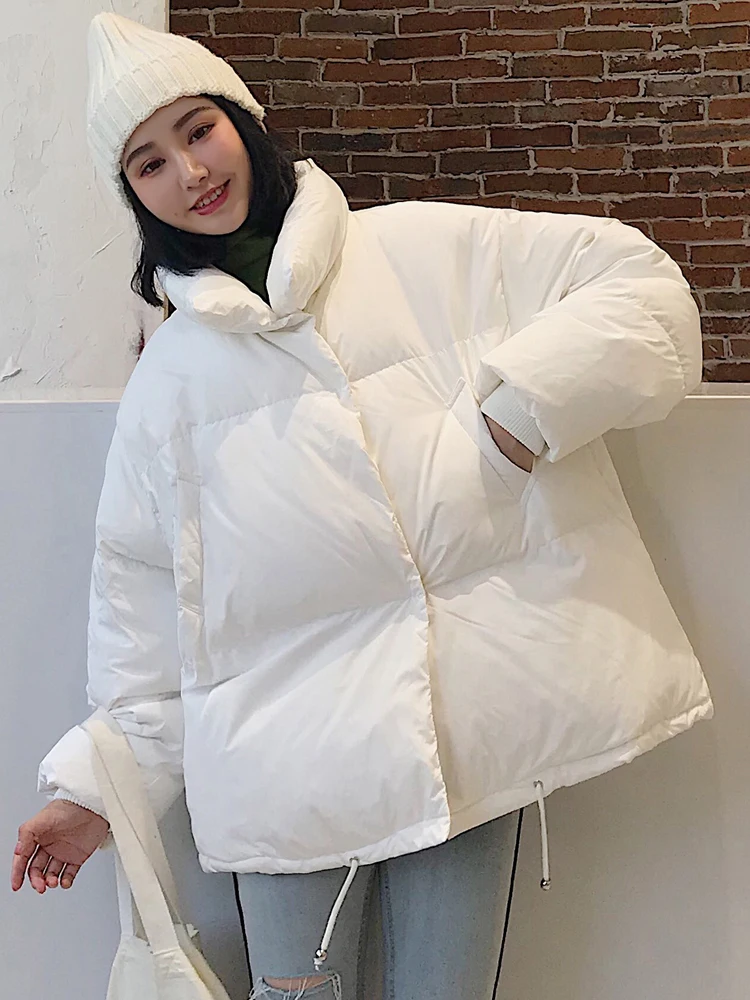 Korean Style Winter Jacket Parkas Women Stand Collar Solid Black White Female Coat Loose Oversized Womens Short Parka