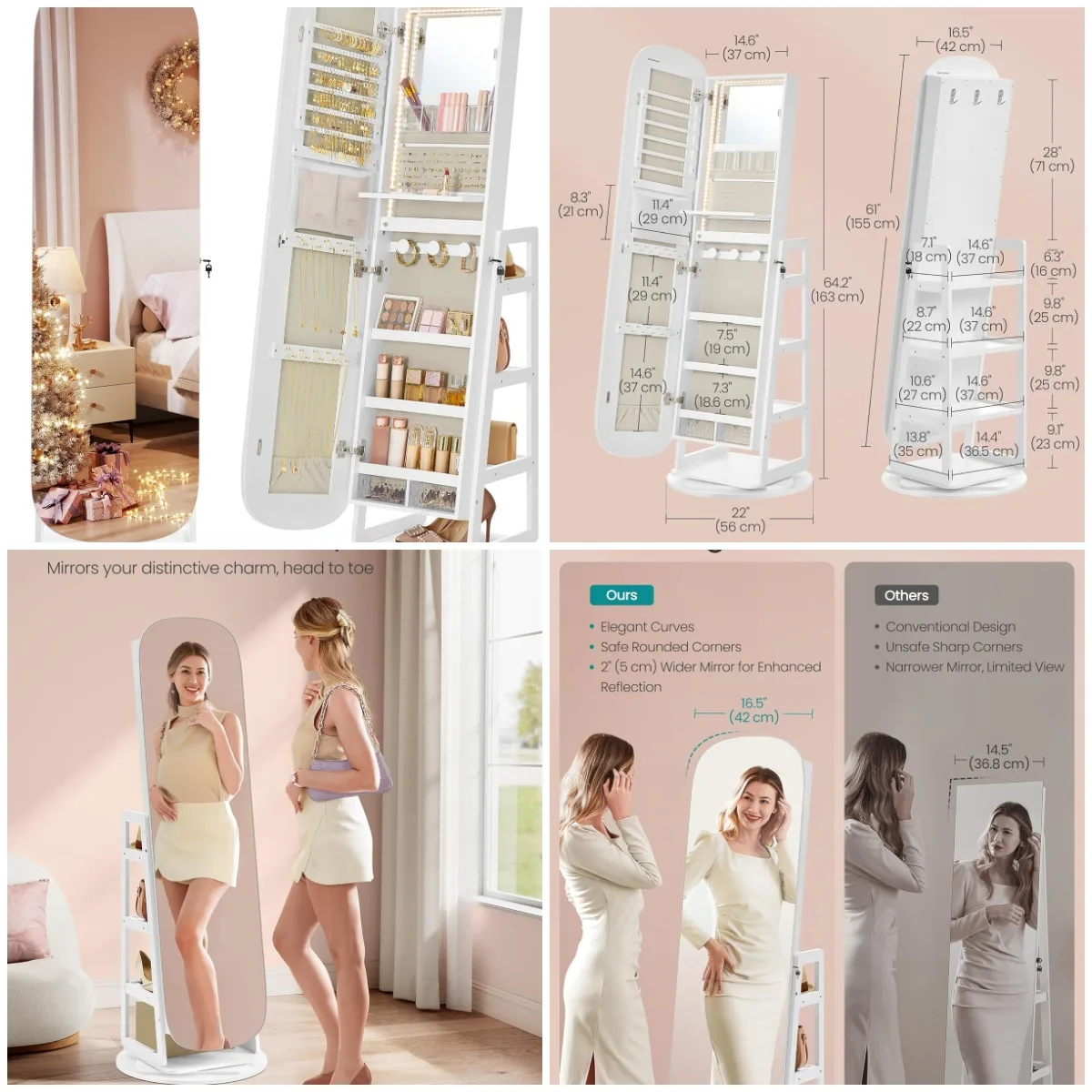 

Светодиодный шкаф для ювелирных изделий с 360° ° Поворотное зеркало, запираемое, Cloud White UJJC036W01