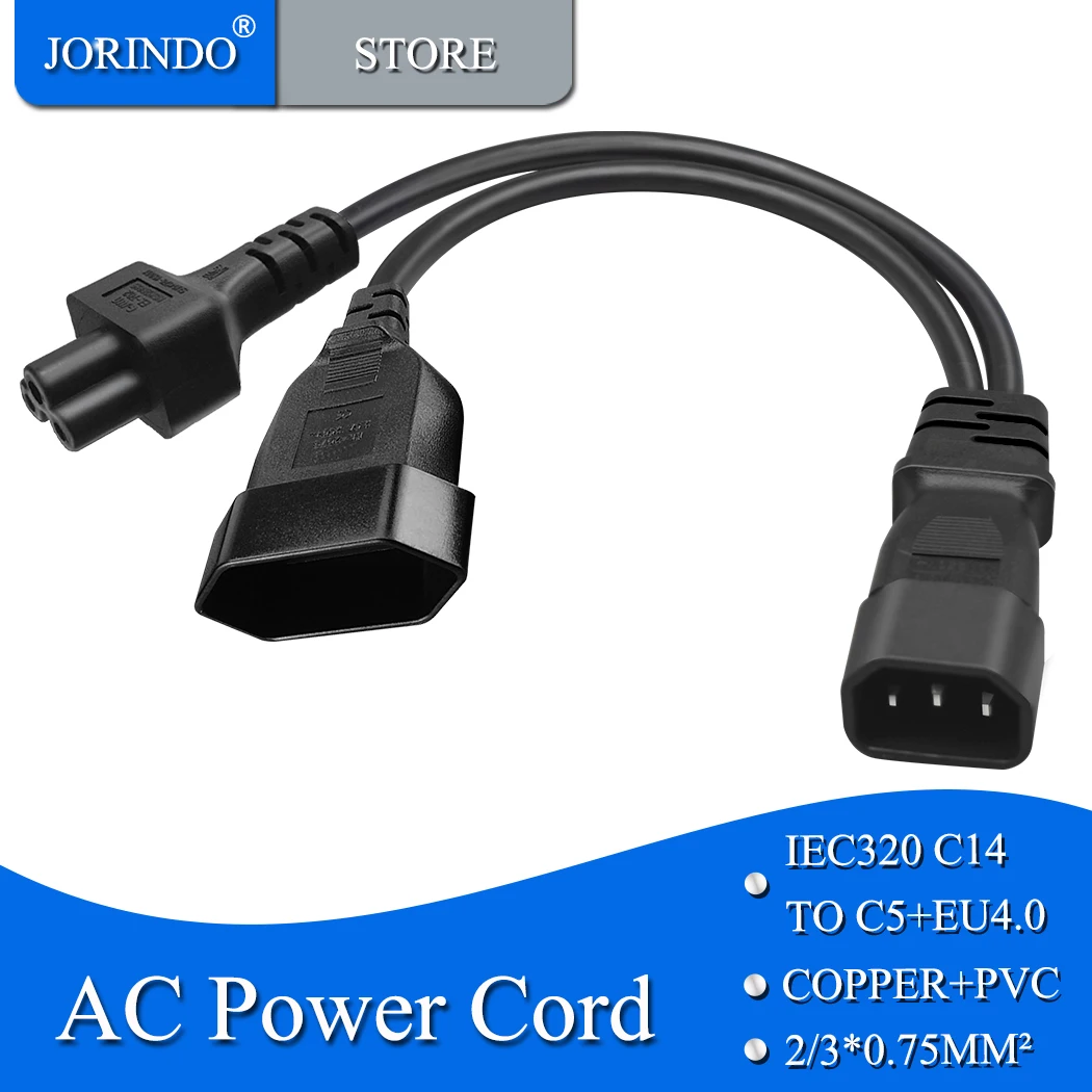 JORINDO IEC C14 TO C5+EU4.0MM Y Splitter Power Plug Cord,IEC320 C14 plug TO European socket round hole and C5 3 holes Power cord