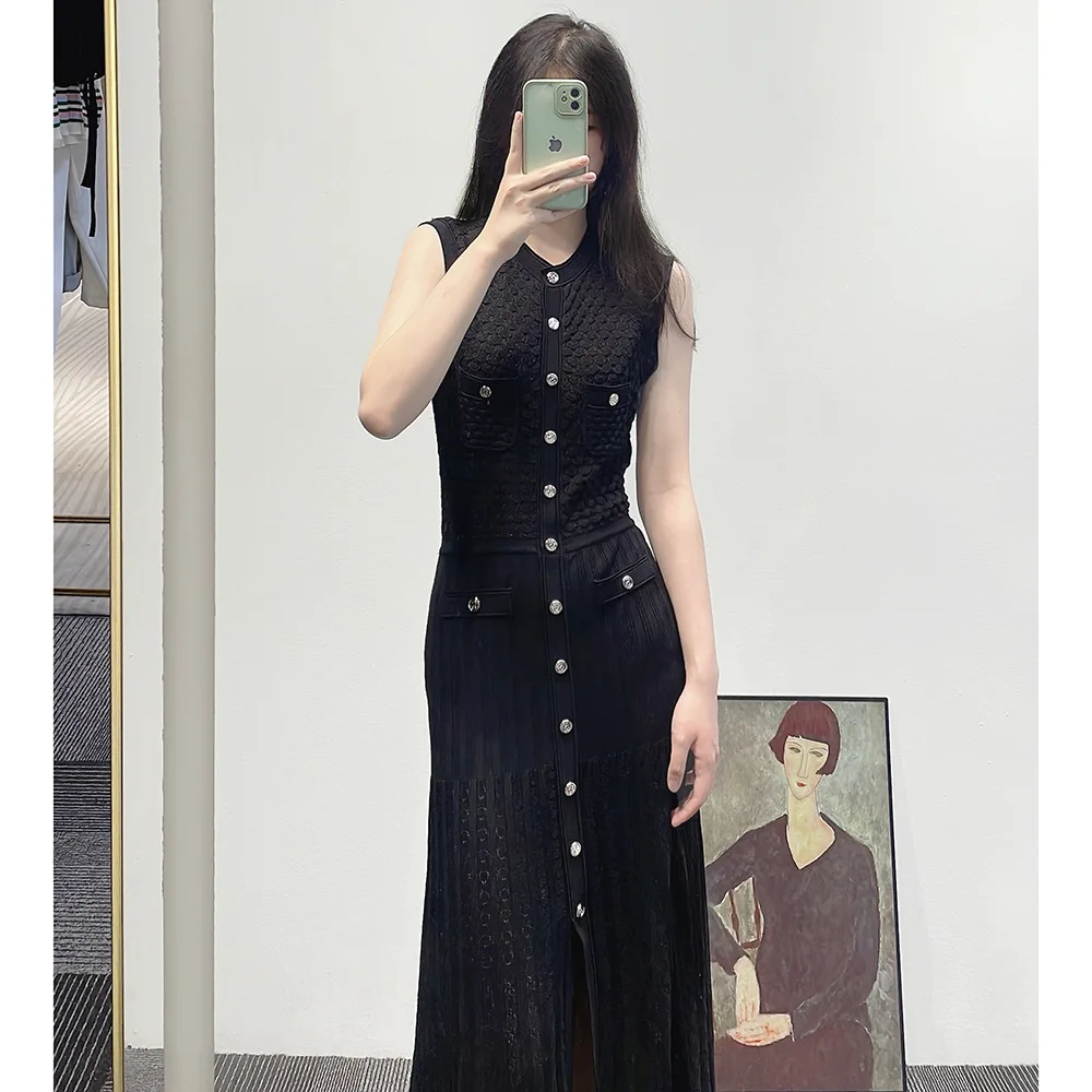 High Quality Spring Summer Ladies Sleeveless Knitting Dress Elegant O-neck Single-breasted Hollow Out Black Maxi Long Dress