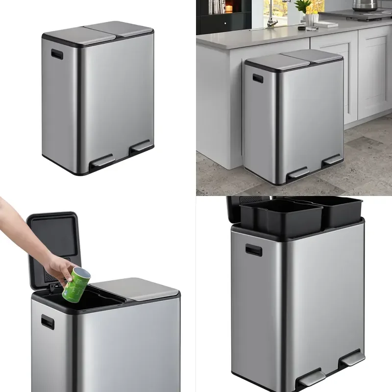 2026 Hot Sale for 60L Stainless Steel Double Compartment Trash Can with Foot Pedal for Kitchen Indoor Waste Recycling Storage