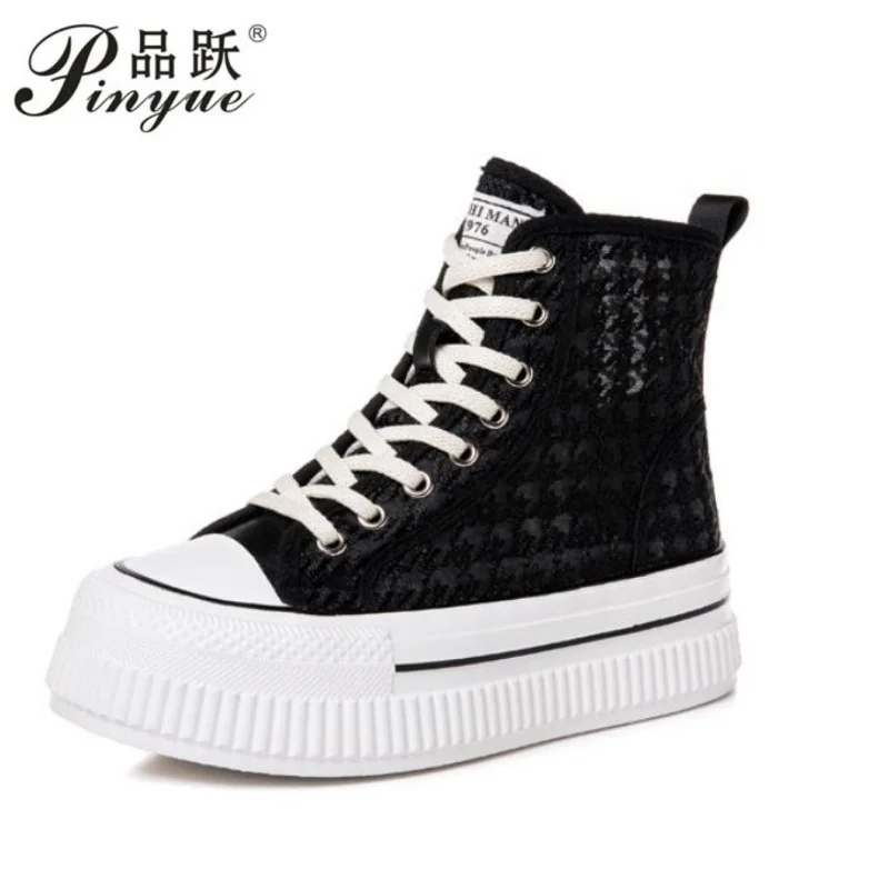 

Женские кроссовки-ботильоны на платформе 6 см с кружевной сеткой, модные повседневные летние ботинки на танкетке, размеры 35-40