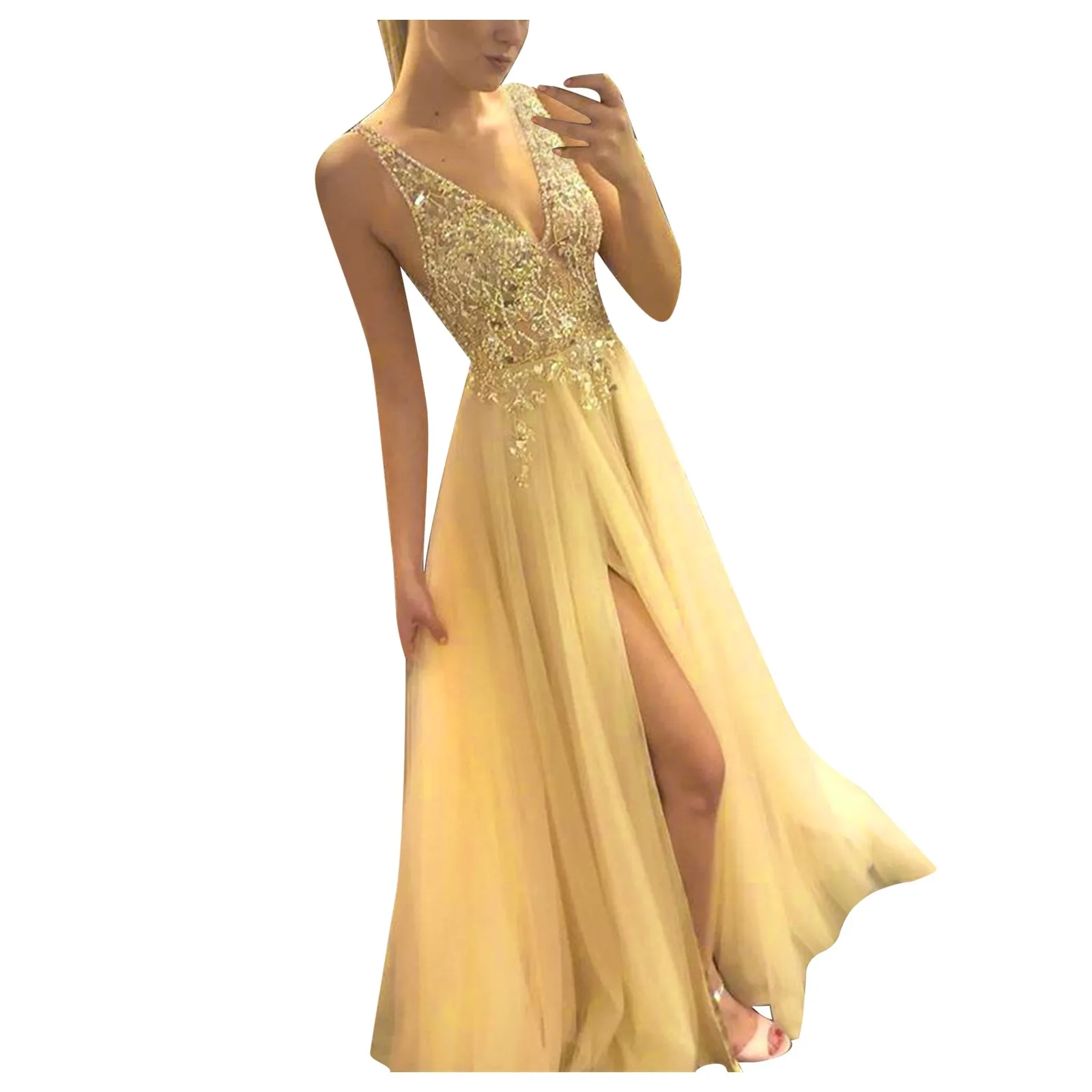 Vestido com decote V profundo feminino, cintura fina, lantejoulas, balanço sexy, elegante, vestidos formais, festa, noite, baile de formatura, gala, fêmea