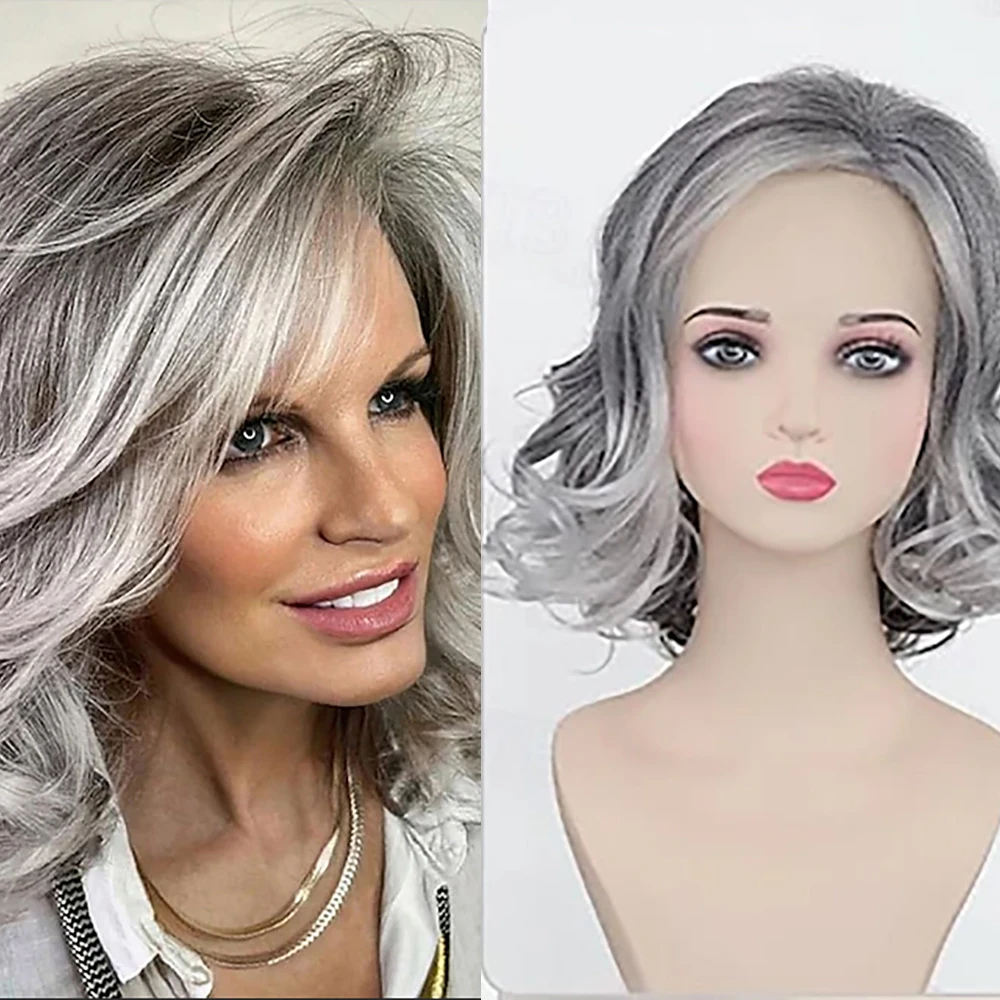 HAIRJOY Synthetic Hair Medium Grey Wavy Bob Wigs for Women Gray to White Layered Wig Old Lady Wig for Daily Party Costume