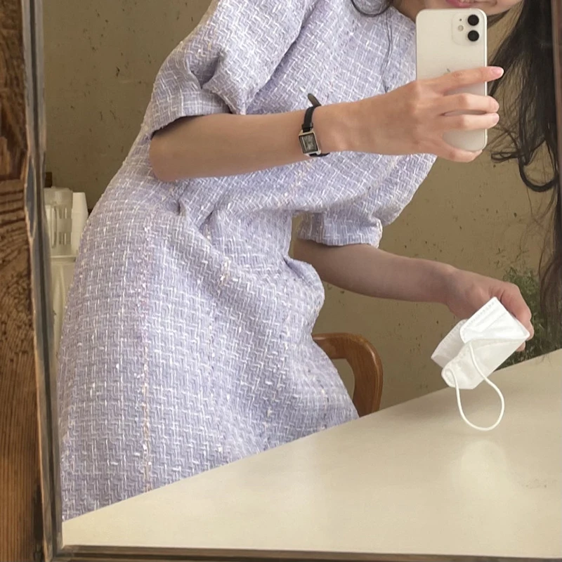 Elegant Tweed Midiชุดผู้หญิงวินเทจพัฟแขนสั้นสีขาวฤดูร้อนสุภาพสตรีเกาหลีเก๋สบายๆสายVestidosใหม่