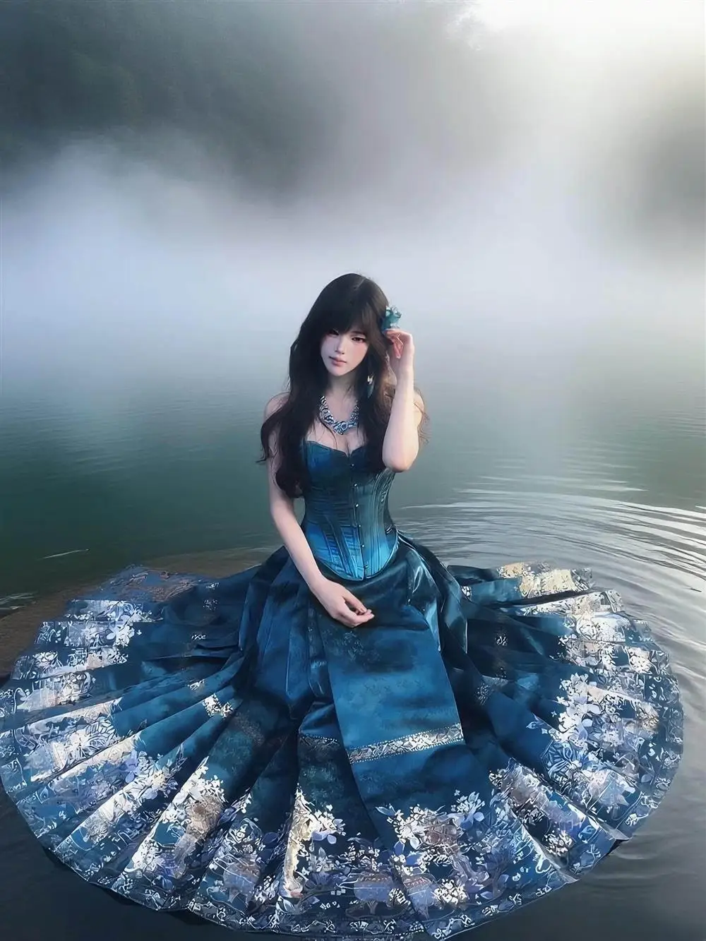 

Blue Hanfu Set Women's Fishbone Top And Tailed Skirt Two Piece Summer High Waist Vintage Court Style Half Body Skirt