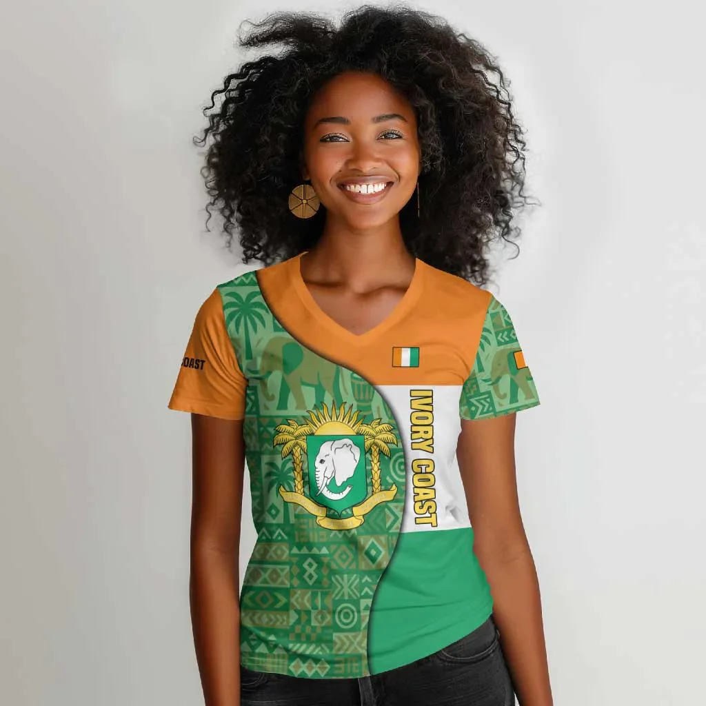 New Women's Short-Sleeve T-Shirt, Breathable Street Style, V-Neck T-Shirt, Ivory Coast Print, Casual Lightweight T-Shirt