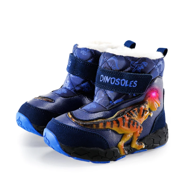 EXDINO T-REX LED Winter Snow Boots 3-6Y Children Boys Genuine Leather Kids Light Up Dinosaur Flashing Warm Thick Plush Footwear