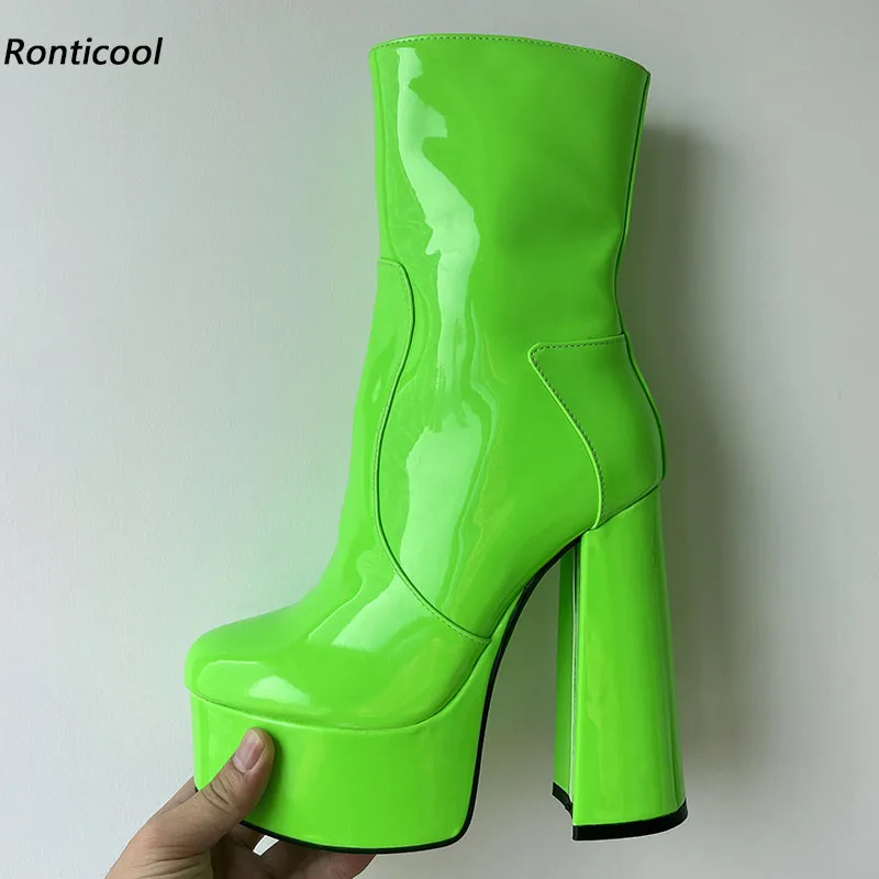 

Ronticool High Quality Women Winter Platform Glossy Ankle Boots Hoof Heels Round Toe Green Party Shoes Ladies Plus US Size 5-20