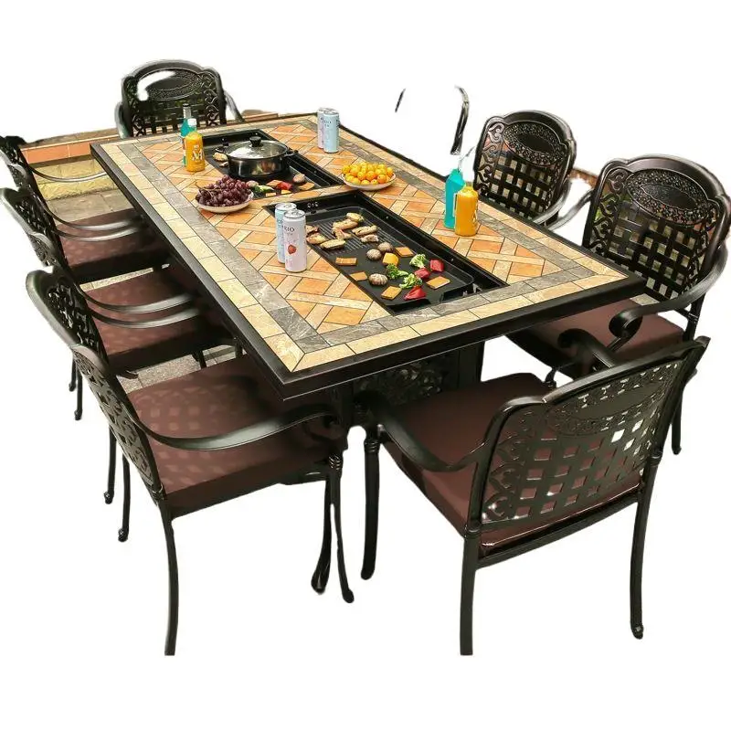 

Outdoor, barbecue grill, courtyard, cast aluminum, integrated table and chairs, rectangular