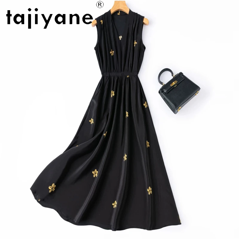 TAJIYANE 100% Maulbeerseide Tank-Kleider für Damen V-Ausschnitt Blumendruck Langes Kleid Fließende Sommerkleider 2026 Damenmode платье