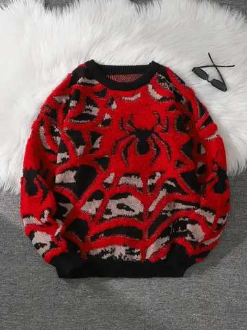 Autumn and Winter Velvet Spider Jacquard Double-Sided Pattern Pullover Sweater Casual Round-Neck Knit Men's Pullover Sweater Suitable for Daily Wear, Unisex Outerwear