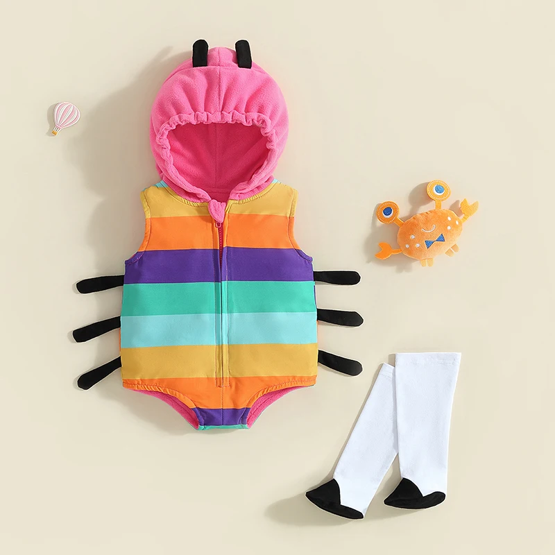 Baby Ladybug Fall Photography Clothing Rainbow Color Sleeveless Hooded Zipper Cosplay Romper + Leg Warmer Socks for Boys Girls