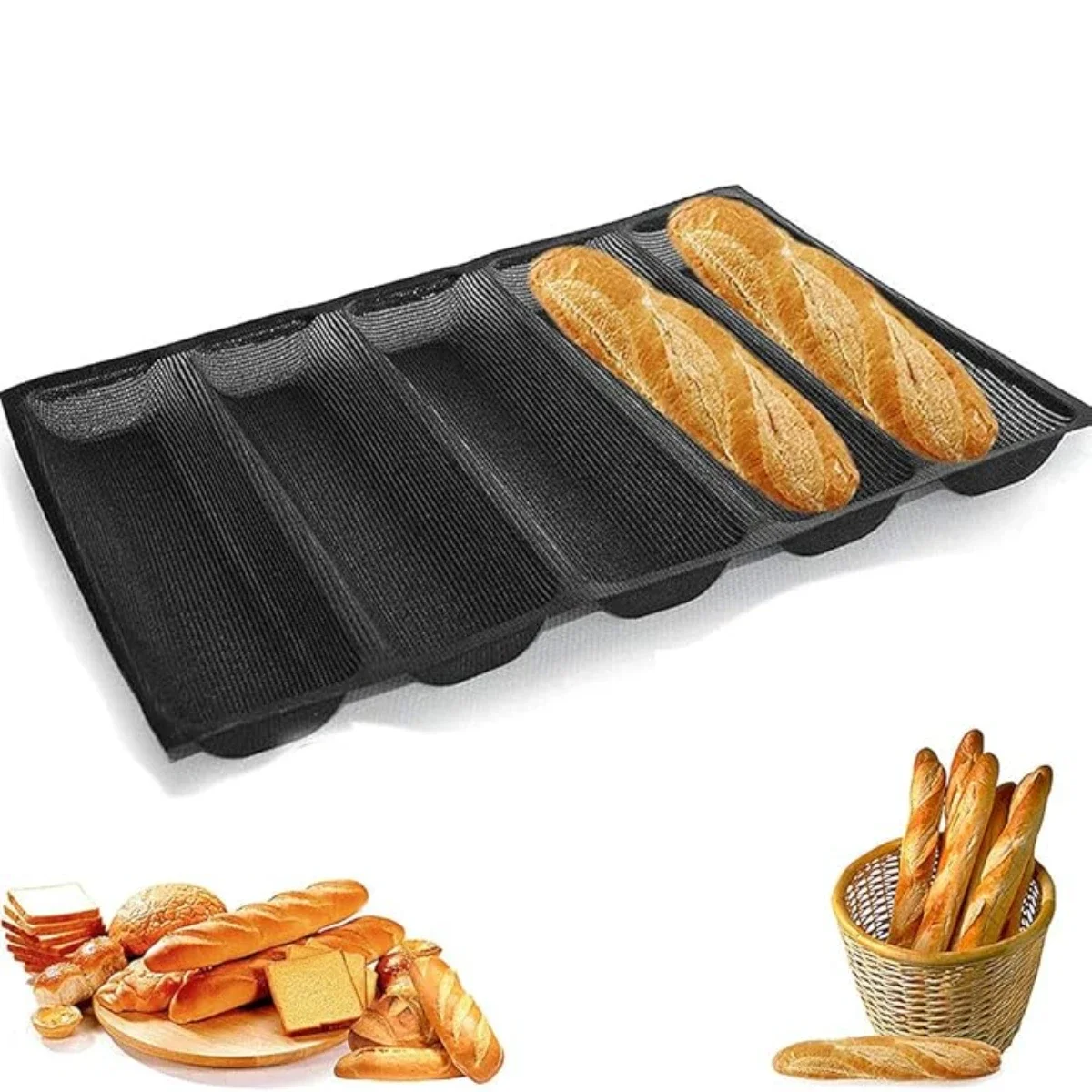 5-Cavity Silicone Fiberglass Bread Bun Mold Non Stick Breathable Erforated French Hot Dog Sandwich Baguette Mold for Home Baking