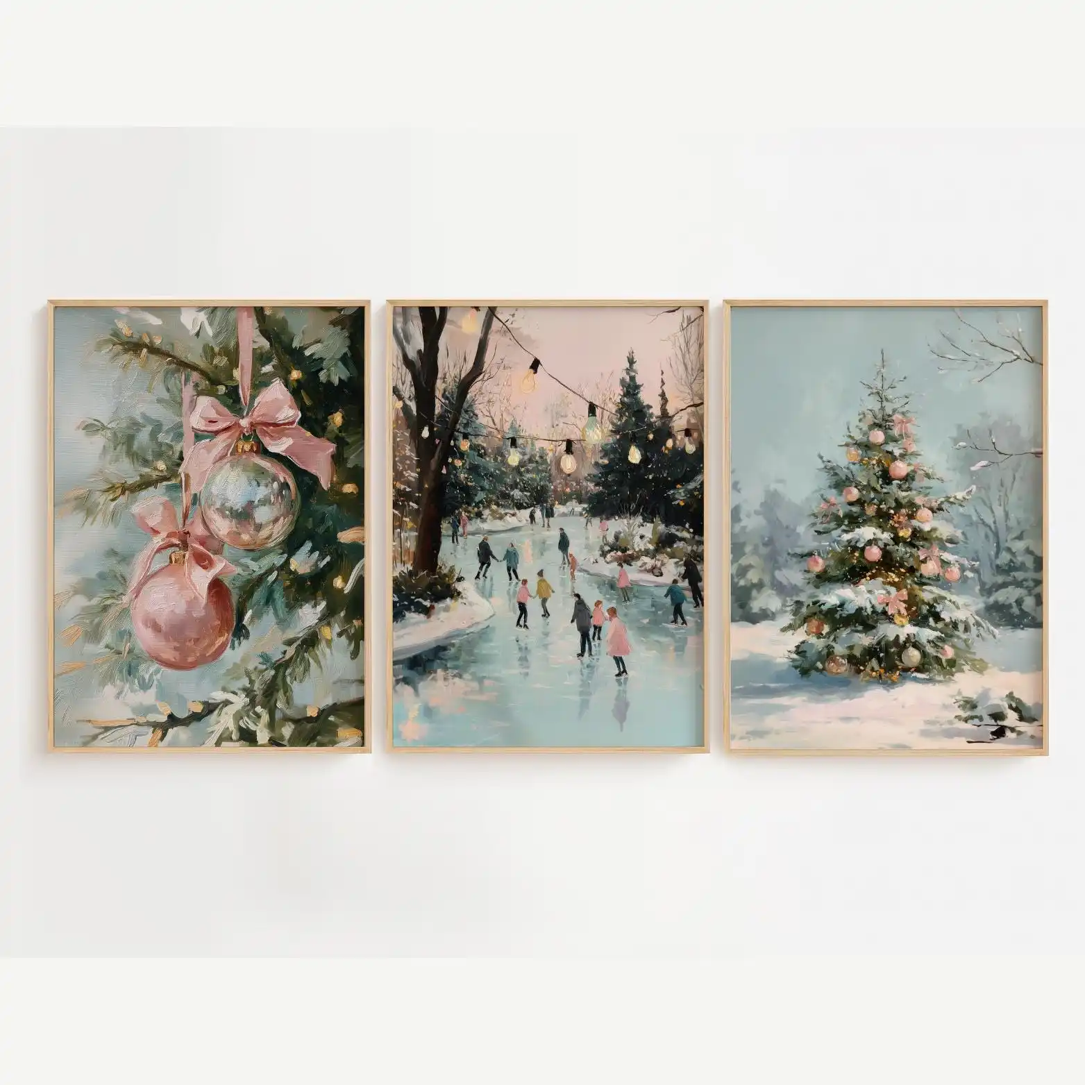 3pcs frameless Canvas Painting 3pcs/Set Vintage Pink Christmas Poster Gallery - Unframed Pastel Holiday Winter Wall Art Poster C
