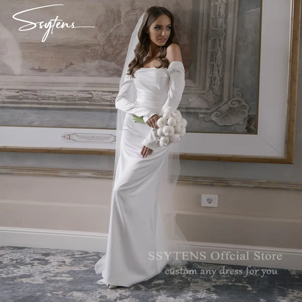 Vestidos de novia de satén suave para mujer, vestidos de novia de sirena con hombros descubiertos, mangas largas, vestidos de ceremonia Civil elegantes