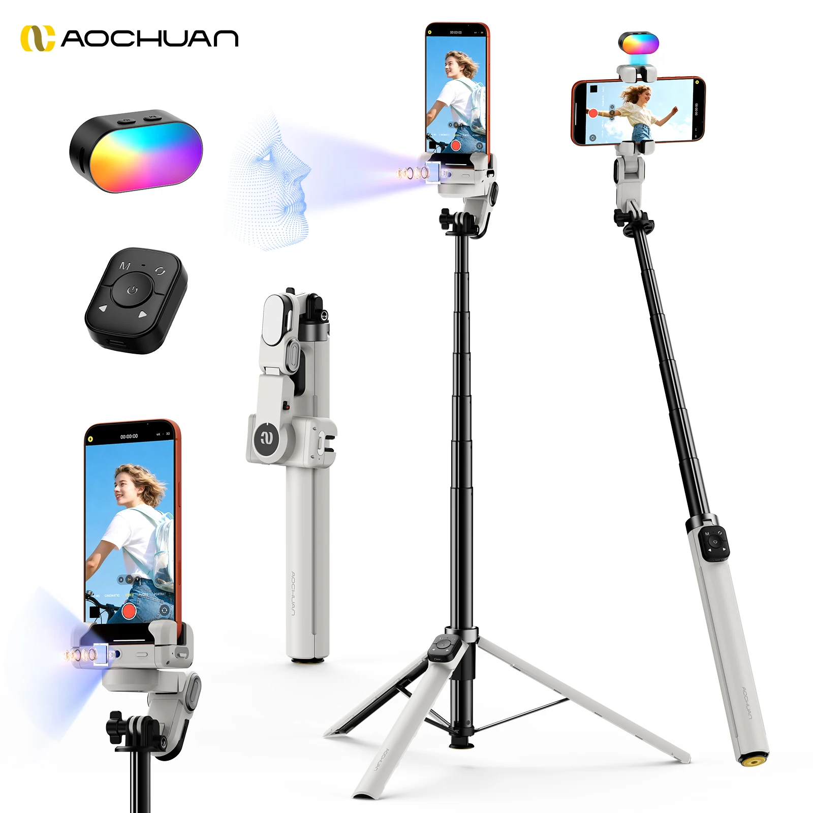 AOCHUAN M3pro Gimbal Stabilizer Built-in 1.8m Extension Rod 360° Rotation AI Face Tracking with Fill Light Phone Selfie Stick