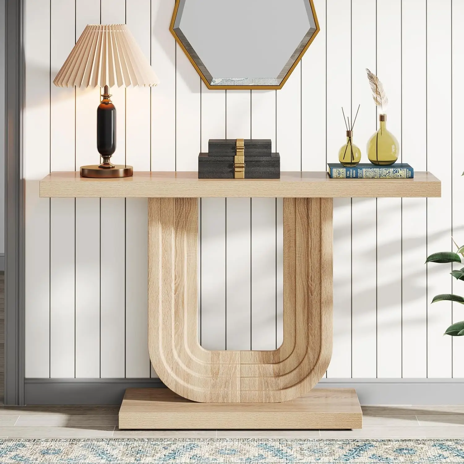 Table d'entrée de ferme avec base géométrique, table console étroite, canapé skinny en bois derrière le canapé, rangement, 39 po