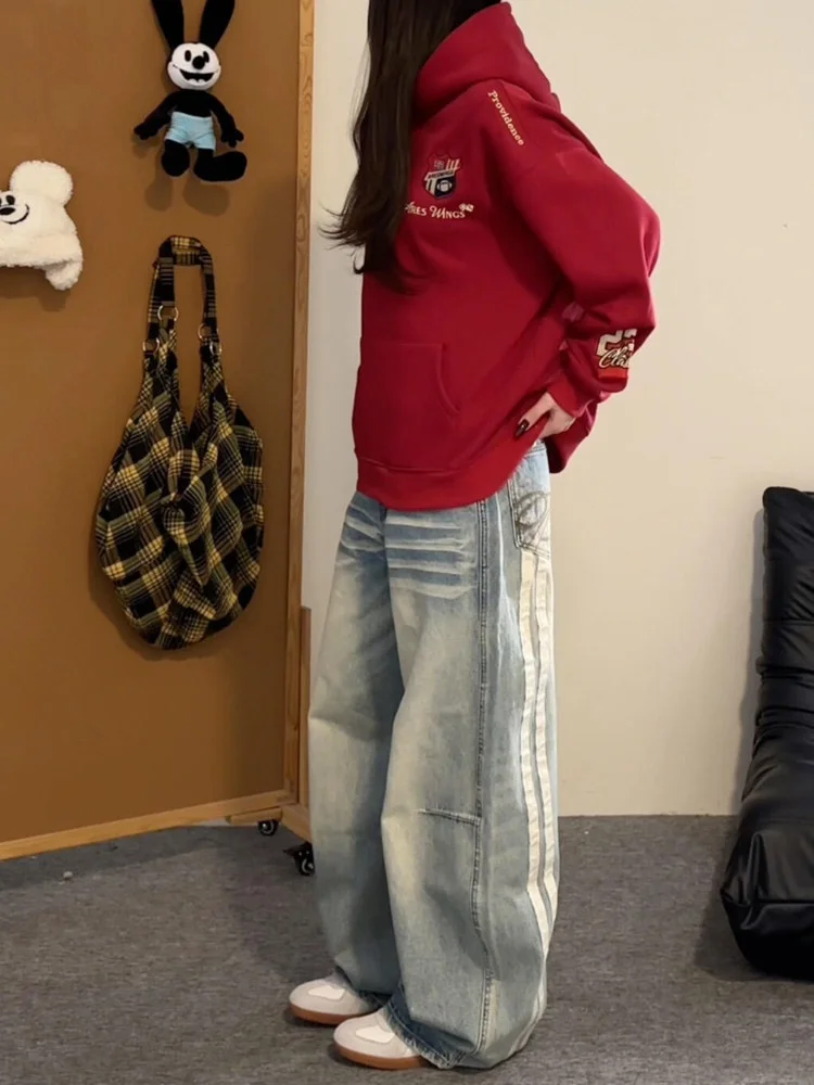 

Sweet Cool Spicy Girl Patchwork Stripe Knife Jeans Women Spring Lazy Design Sense Washed Loose Slim Wide Leg Pants