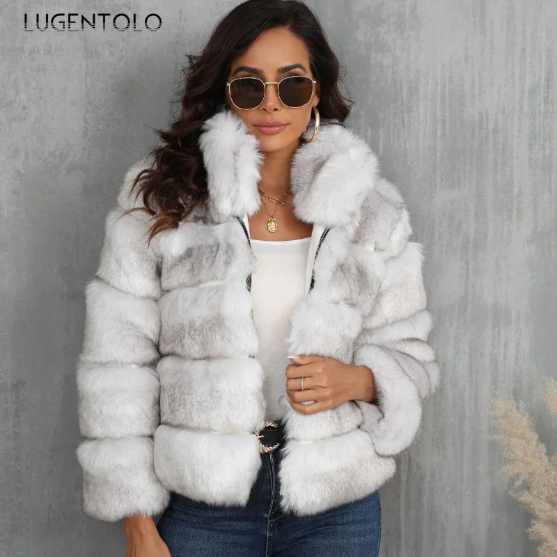 Women Faux Fur Coats 2024 New Thickened Warm Fluffy Jacket Fashion Stand Collar Cropped Zip Cardigan Tops Elegant Party Wear