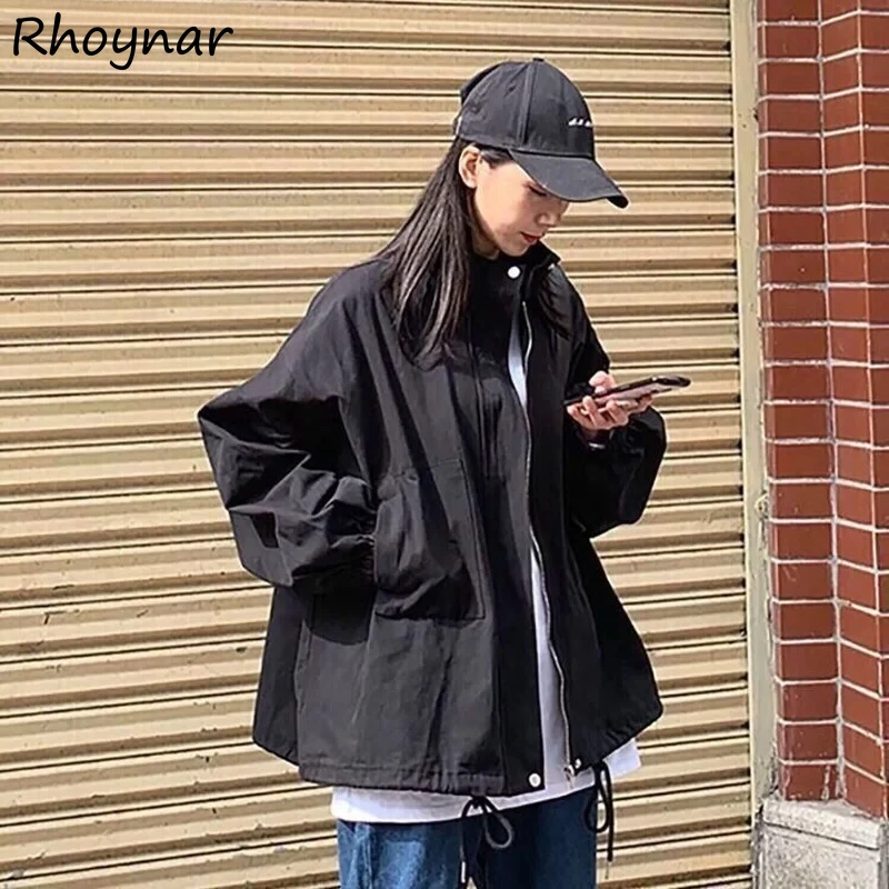 

Women Vintage Basic Jackets Simple Korean Style Zipper All-match Solid Stand Collar Cool Streetwear Coats Casual Hipsters Chic