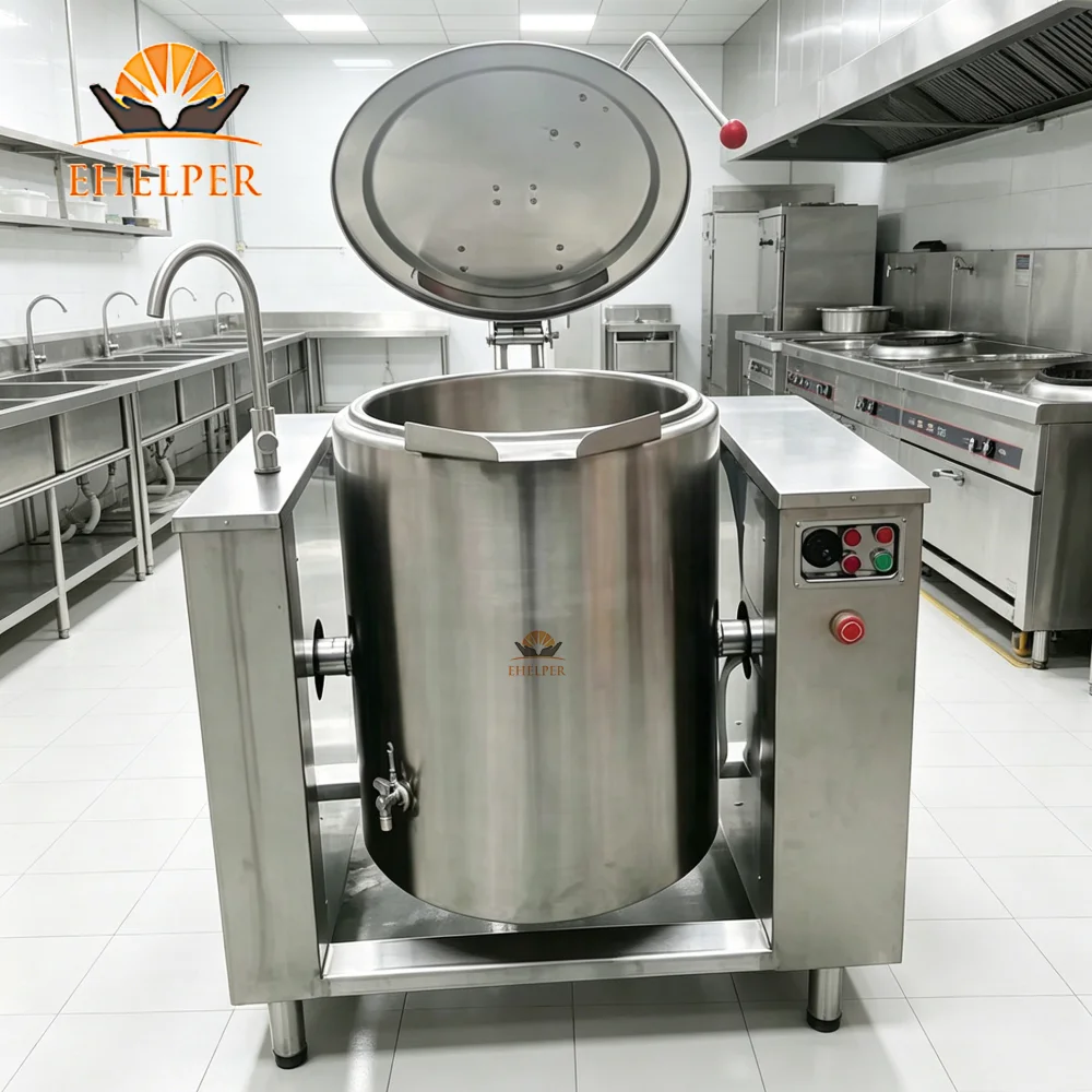 Water Jacket Indirect Heating Tilting Industrial Cooking Pot Gentle Heating For Soy Milk Fresh Milk Processing