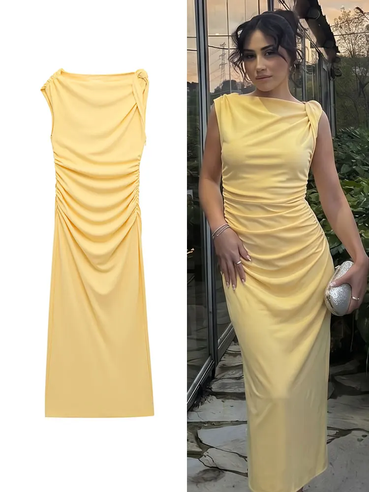 

HH Elegant Womens Yellow Slim Asymmetrical Dress Summer Casual Beach Vacation Fashion Party High Street Sleeveless Solid Dress