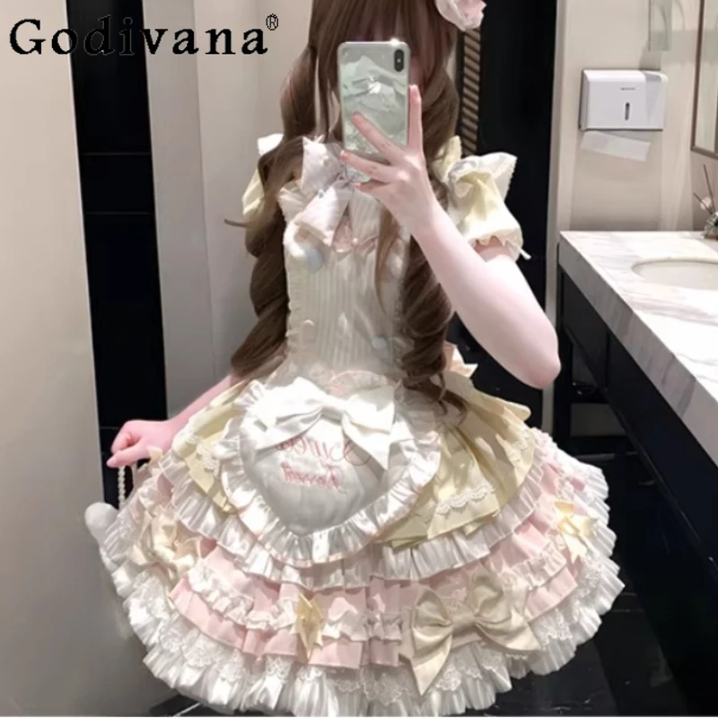 

Spring Summer Fashion Cute Lolita Bow Apron Princess Dress Fashion High Waist A-line Age-reducing Girl Short Sleeve Cake Dresses