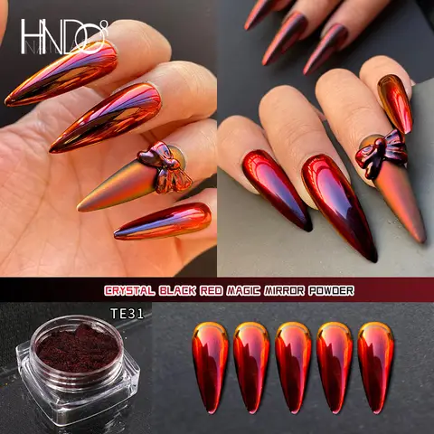 HNDO rojo-negro gradiente de colores espejo de uñas cromo polvo brillo camaleón profesional pigmento de manicura polvo TE31