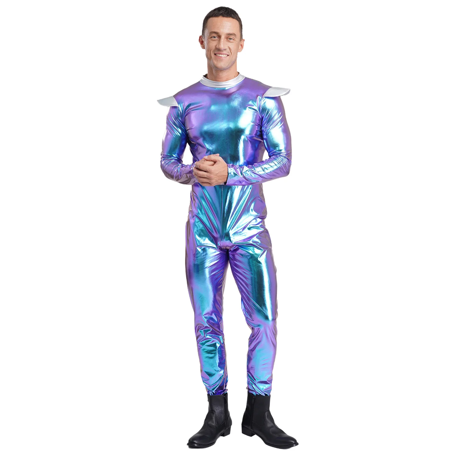 

Men Fashion Metallic Long Sleeve Jumpsuits for Halloween Carnival Outer Space Cutie Robot Astronaut Cosplay Performance Costume