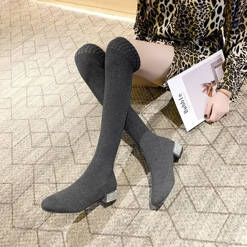 Above Over The Knee High Shaft Shoes Woman Thigh Middle Heel Rhinestone Long Sock Boots for Women Elastic Work Y2k Spring Autumn