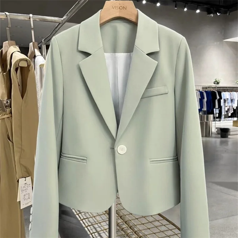 

Green Suit Jacket Women's Simple Style Commute Versatile Small Size Autumn New Arrival Polyester Fabric Regular Thickness