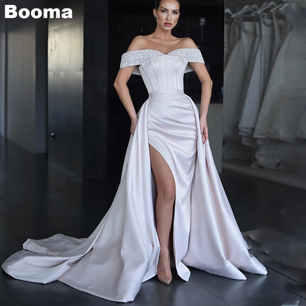 

Booma Elegant Mermaid Evening Dresses Off Shoulder Beading Formal Occasion Gowns Detachable Train Leg Slit Party Prom Dress