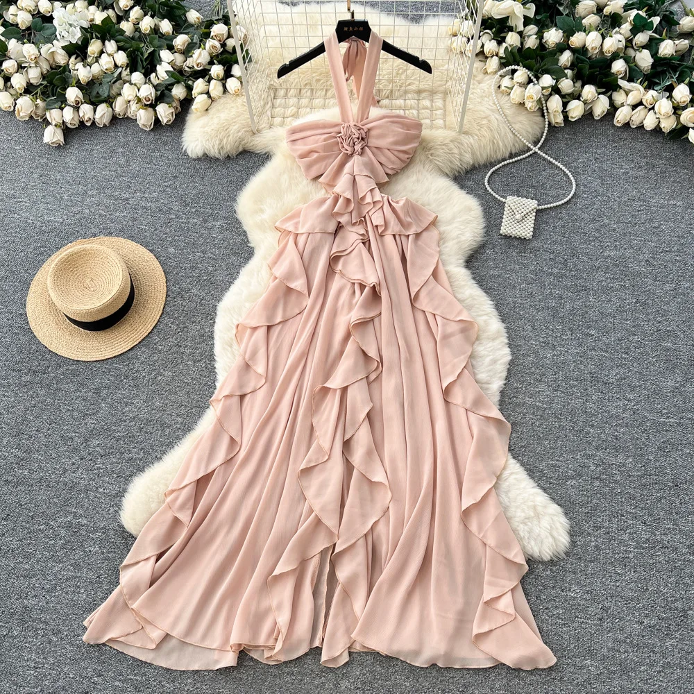 Women Ruffles Dresses A Line Solid Dress 3D Flower Strapless Ankle Lenth Waist Cutout Slim Fit Party Sexy Elegant 2025 Summer