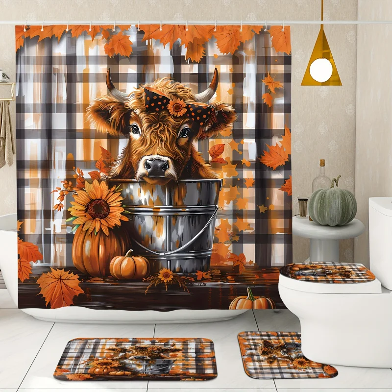 4PCs autumn harvest shower curtain set-waterproof polyester with non-slip bath mat, U-shaped toilet lid cover & 12 hooks-perfe