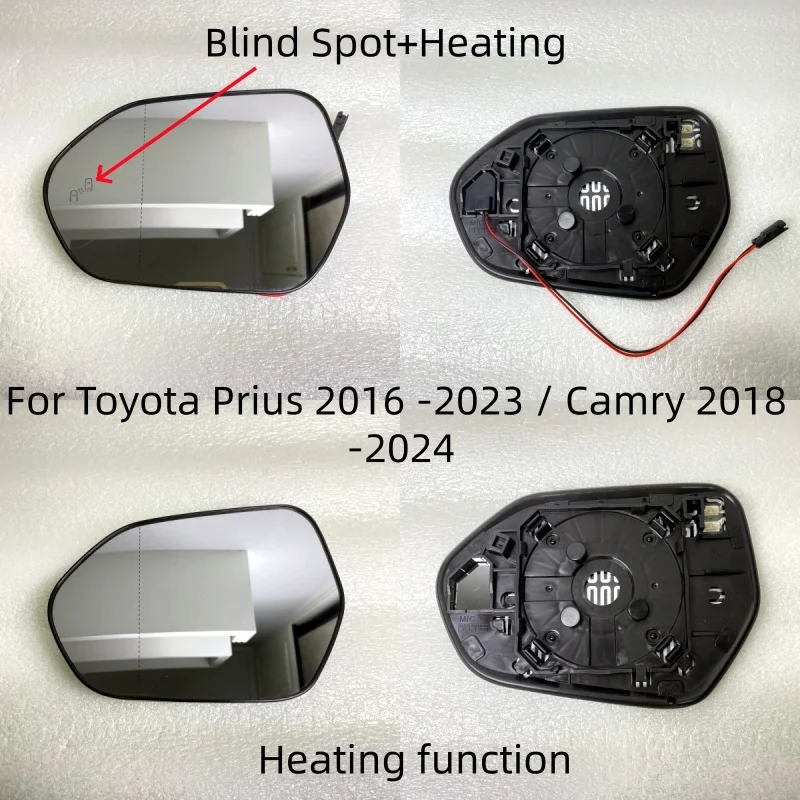 Car Wide Angle Heated Mirror Glass With Blind Spot Warning Light For Toyota Prius 2016 -2023 / Camry 2018 -2024