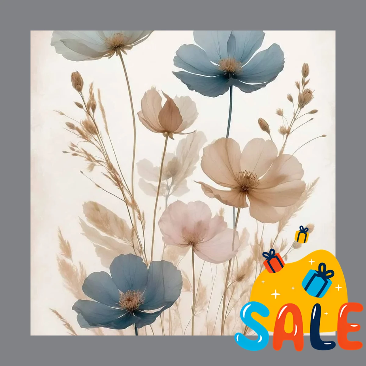 Vintage Blue Beige Wild Flowers Minimal Botanical Farmhouse Art Poster Canvas Painting Wall Print Picture Living Room Home De