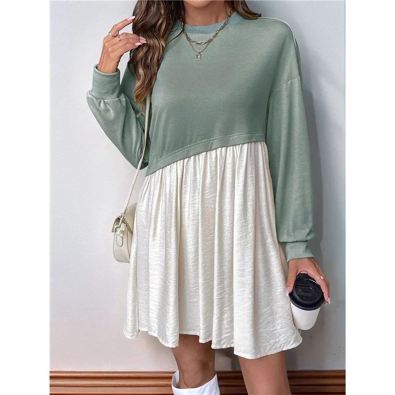 NEW-여성용 컬러 블록 라운드 넥 긴 소매 러플 밑단 캐주얼 A라인 짧은 드레스