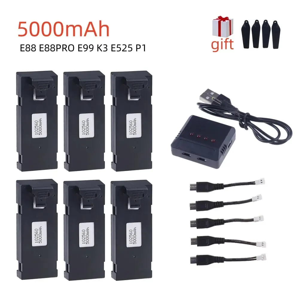 Bateria Li-po para RC Drone, Peças Quadcopter, RC Drone, Atualização, E88, E88PRO, E525, E99, P1, K3, P10, A13, S98, 3.7V, 5000mAh