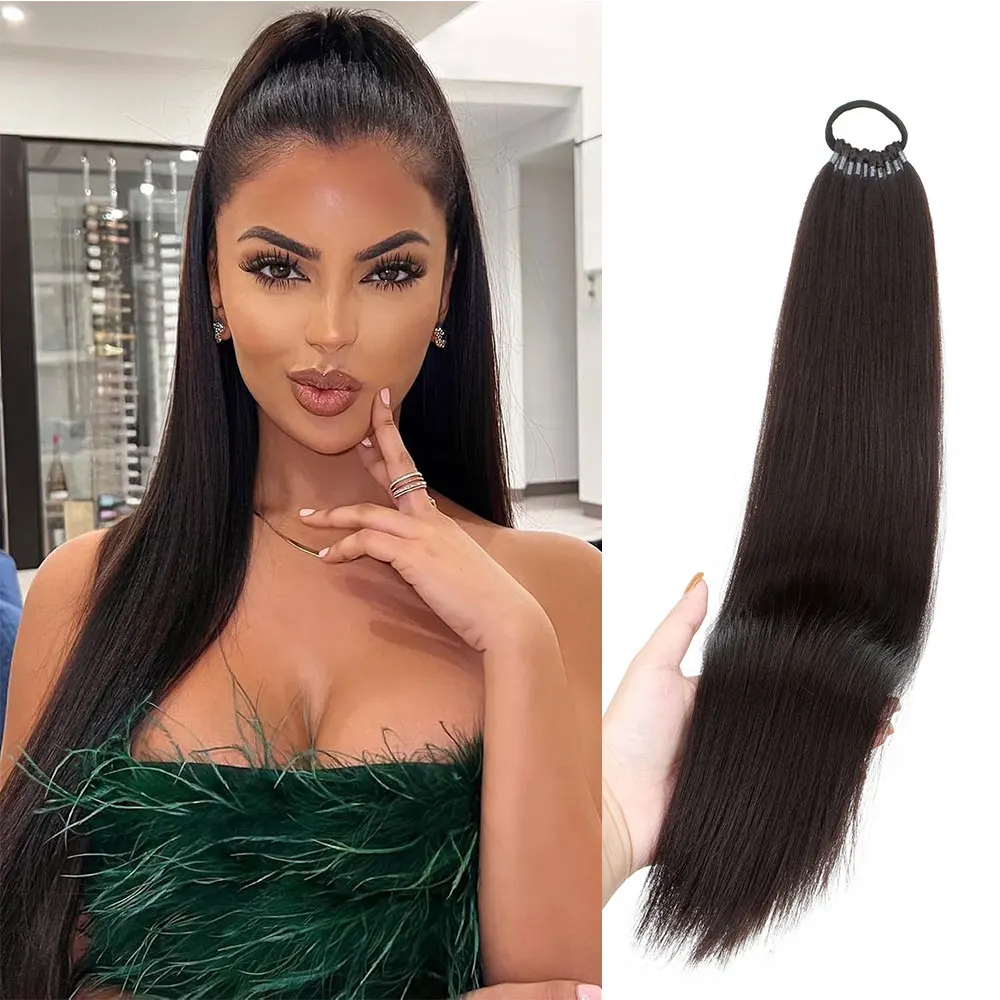 

22Inch Long Straight Synthetic Fake Elastic Band Pony Tail Rubber band Natural tied to Hair Extension Heat Resistant Hairpiece