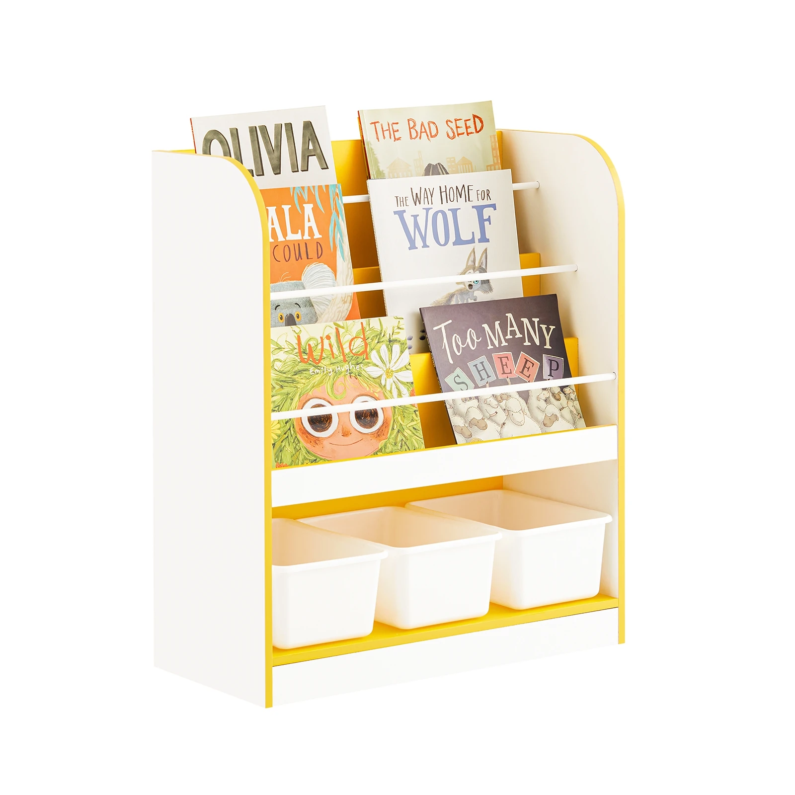 SoBuy KMB108-G portaoggetti per giocattoli con 3 cestini • Libreria per bambini con scomparti, Oro-Bianco 63x76x30 cm