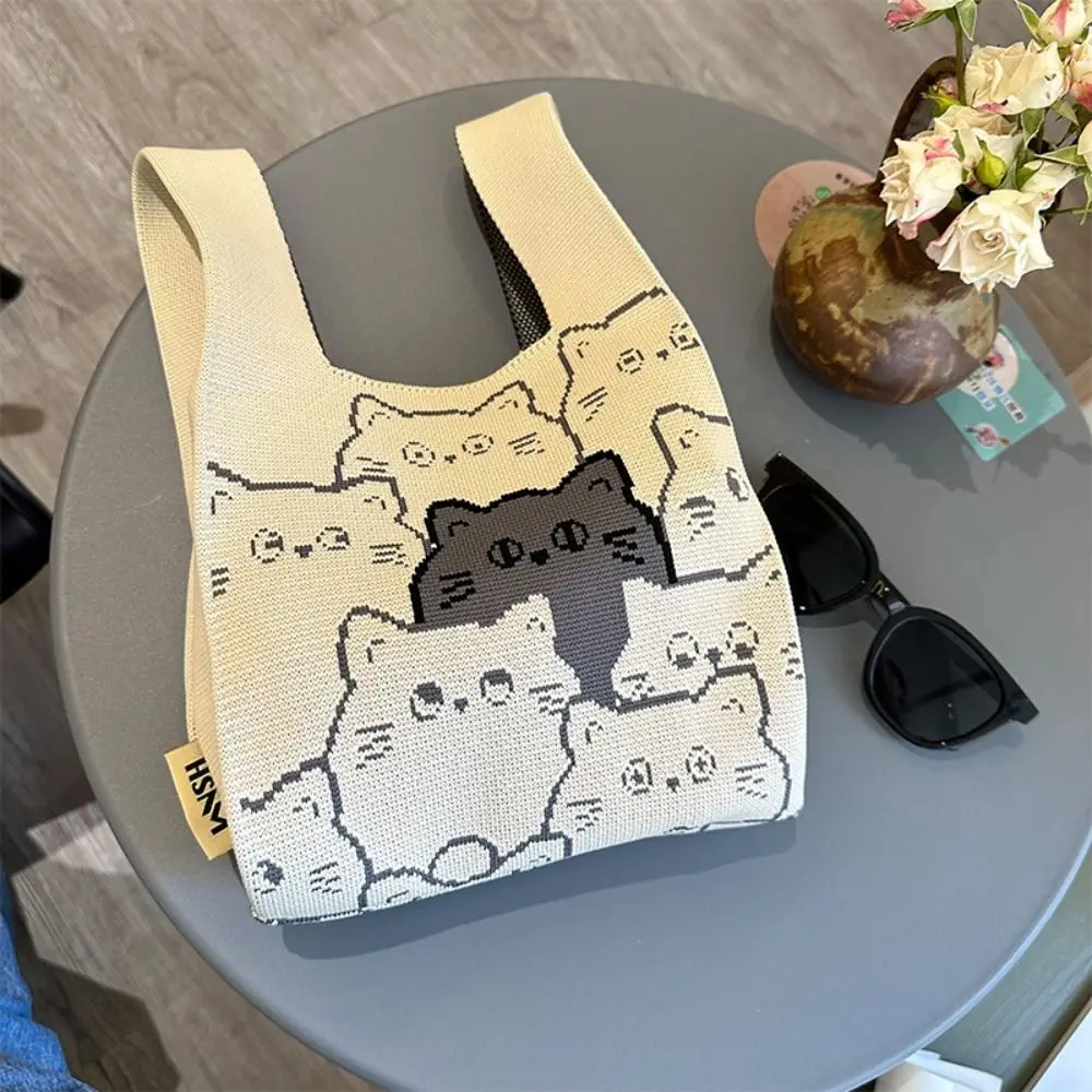 Cat Knitted Wrist Bag Women Bag Casual Shoulder Tote Bag Female Reusable Shopping Bags Woven Handbag Simple