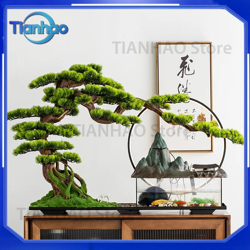 New Chinese Style Pine Tree Aquarium Fountain Decoration for Living Room Fake Green Plants Home Soft Decoration Zen Office