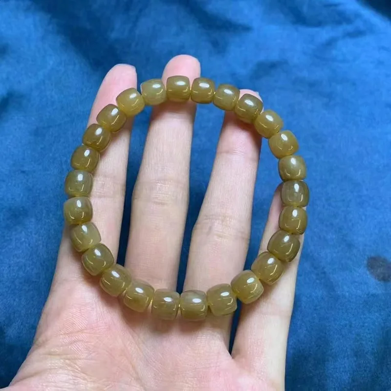 Natural Hotan Qemuo Sugar Jade 7X8Mm Single-Loop Bead Bracelet