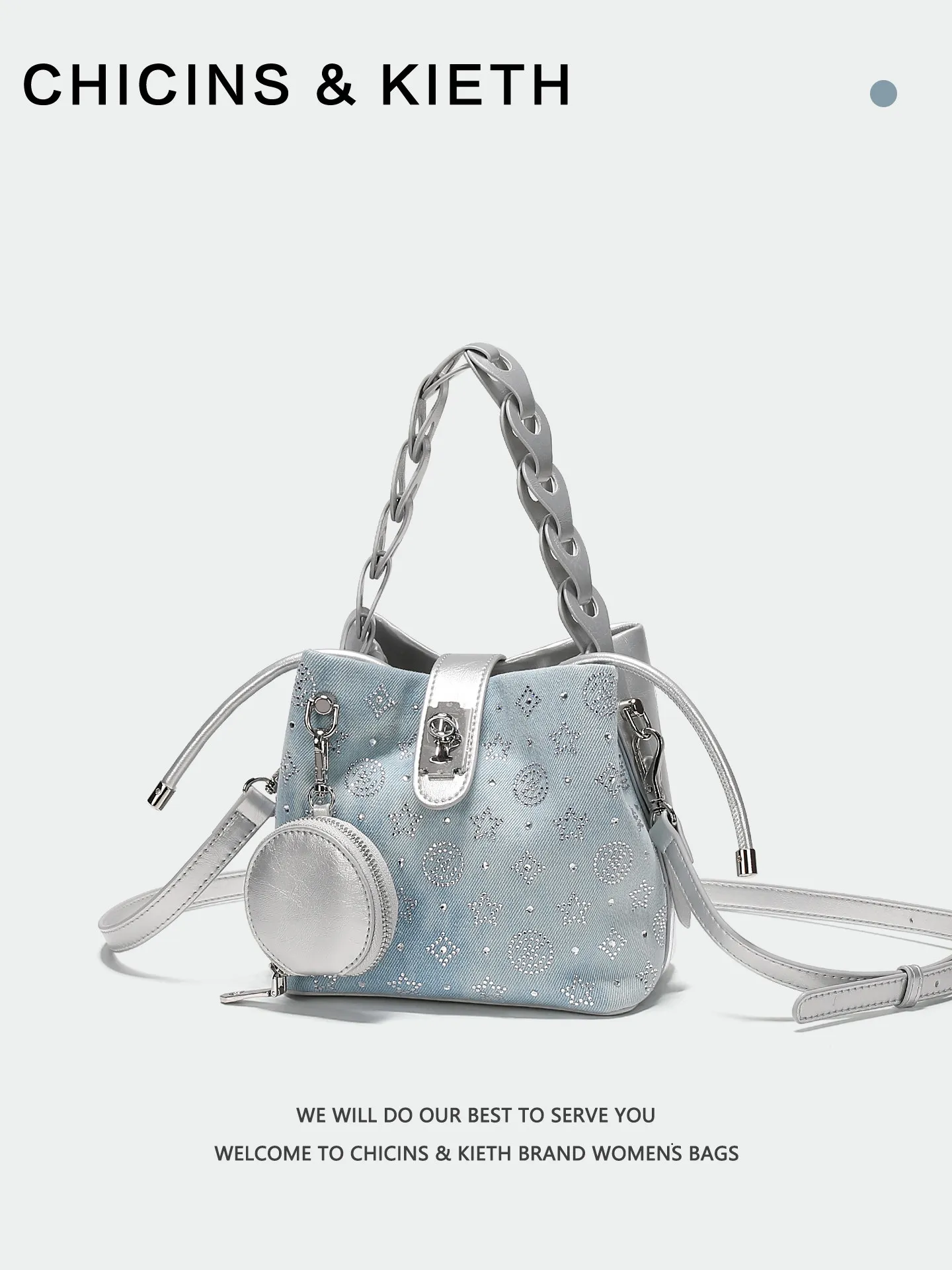 Luxury and Fashion Handheld Bucket Bag with Delicate Diamond Decoration and Premium Denim Canvas Women Versatile Crossbody Bag