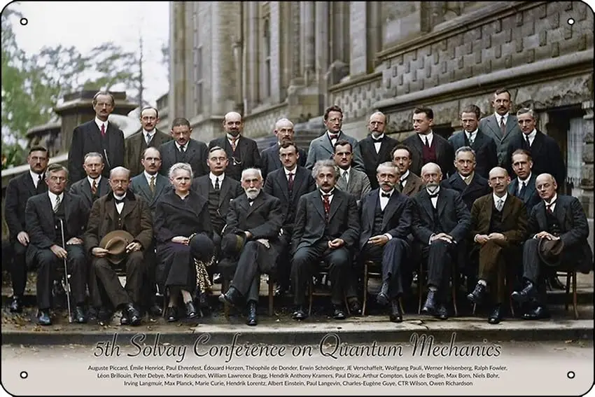 With names - 5th Solvay Conference on Quantum Mechanics, 1927 Poster Funny Metal Tin Sign for Home Kitchen Bar Room Garage Decor