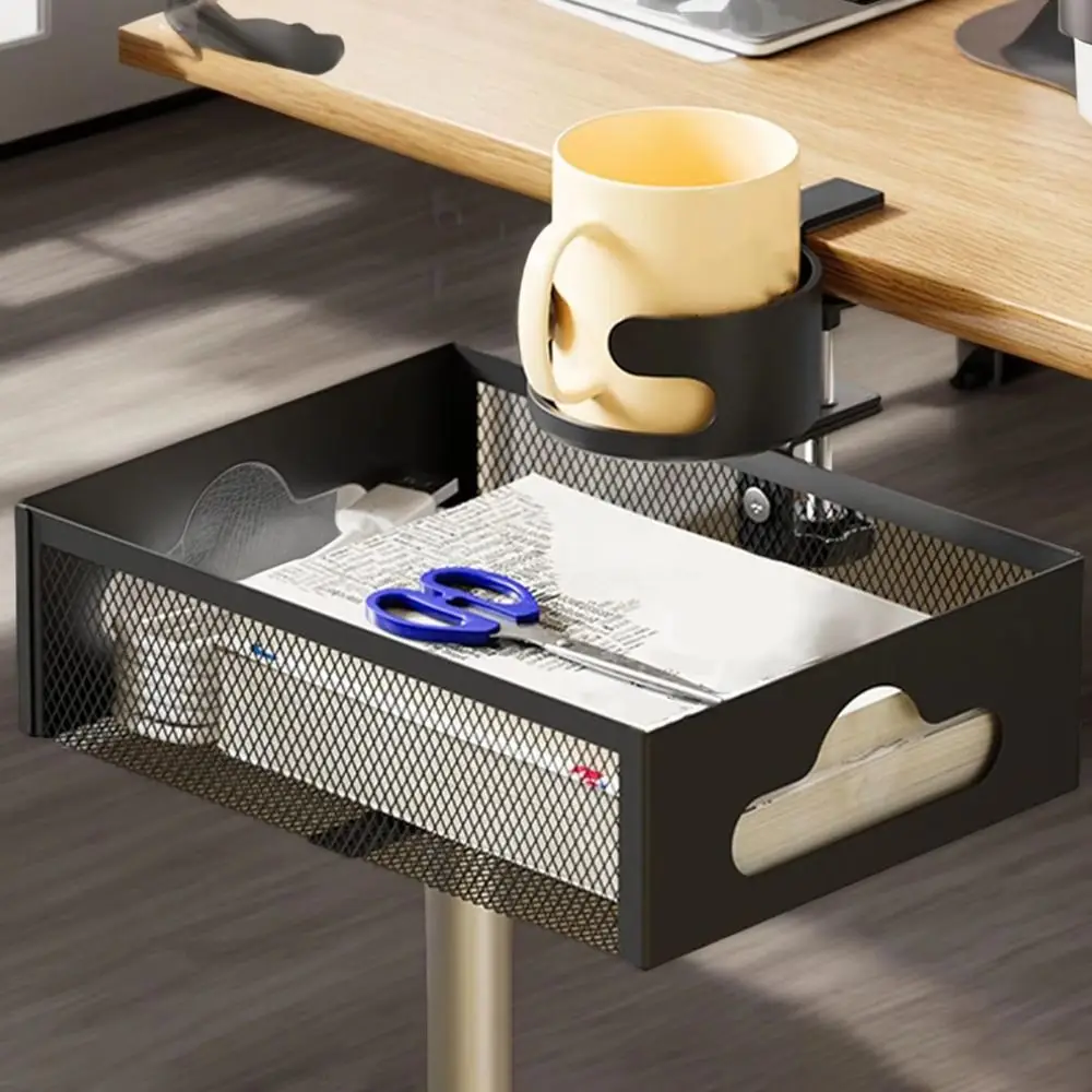 360 Degree Rotating Under Desk Storage Rack No Drill Carbon Steel Desktop Stationery Shelf Multifunctional with Cup Holder